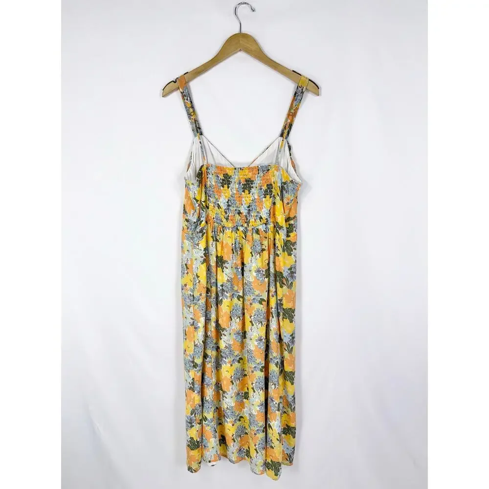 Abercrombie & Fitch Floral Gathered Front Midi Dress Women's Large Yellow - Picture 9 of 16